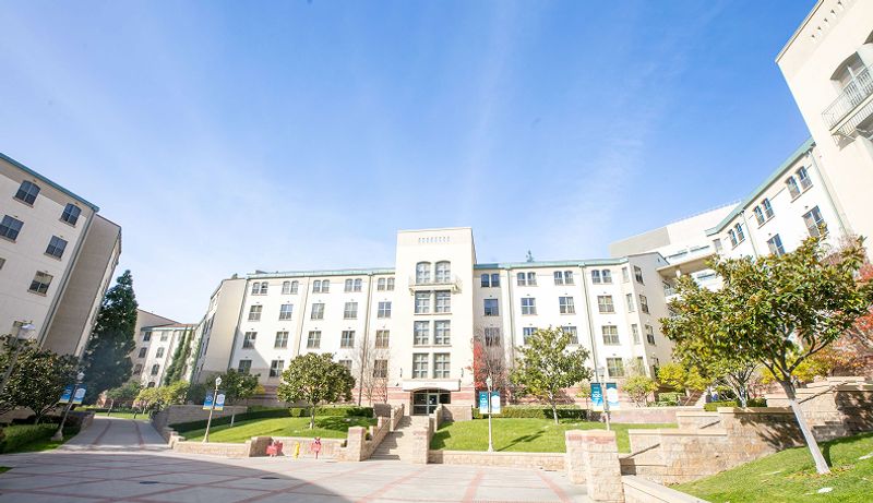 A wide shot of De Neve Plaza
